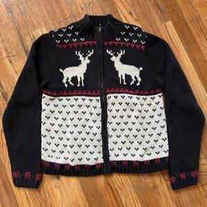 Woolrich Nordic Fair Isle Reindeer Winter Zip Up Cardigan Sweater Unisex Large
